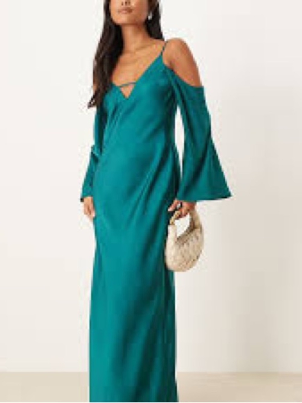 ASOS DESIGN long sleeve fallen shoulder Cami maxi dress 4 NWT Teal Blue - Picture 3 of 14